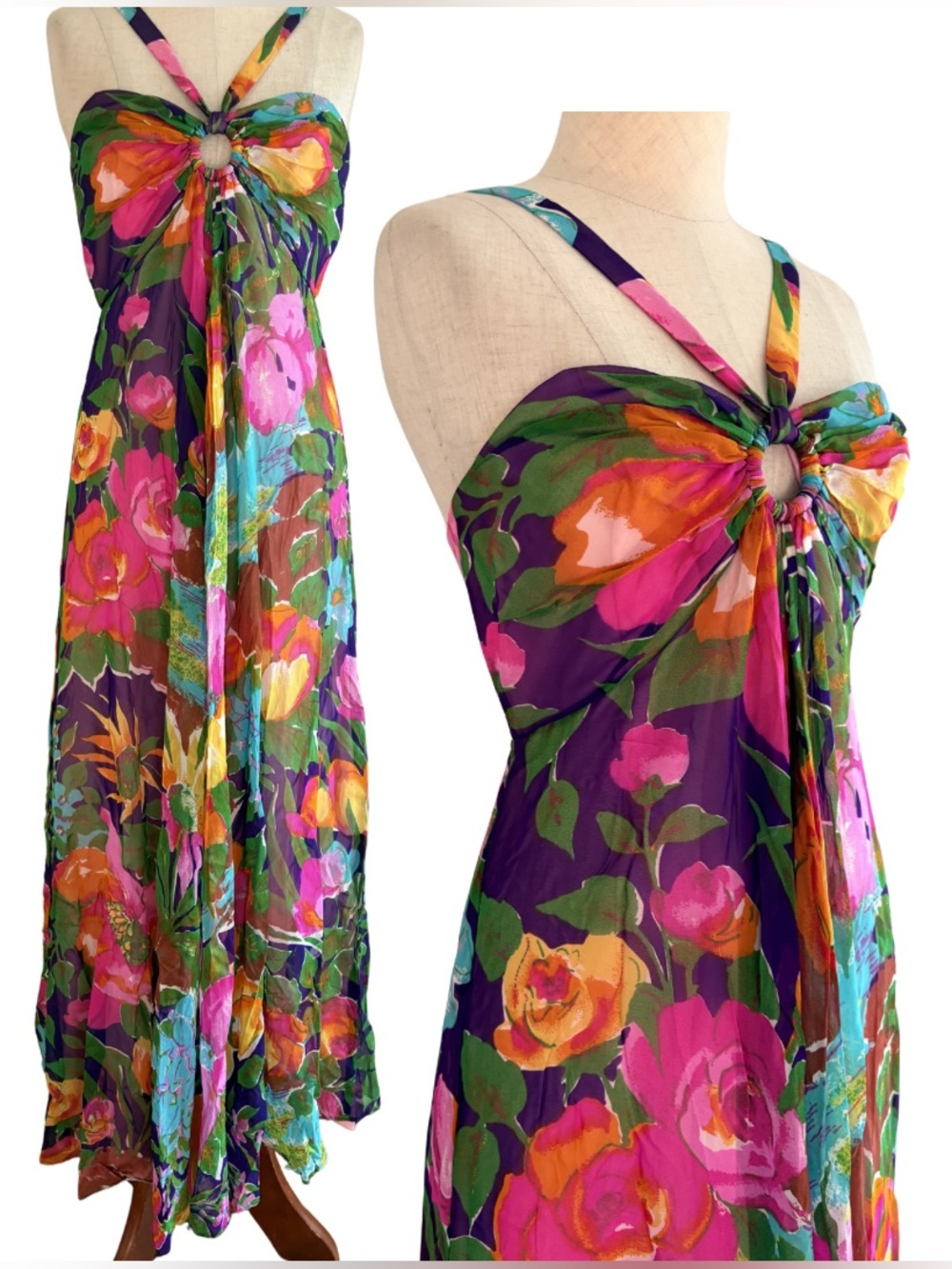Vintage Saks Fifth Avenue Floral Colorful O ring Straps Maxi Dress Chiffon 70s